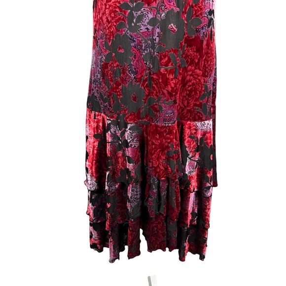 Vtg Y2k Red Black Floral Velvet Burnout Tiered V Neck Midi Dress Sz L Whimsygoth - Picture 3 of 12